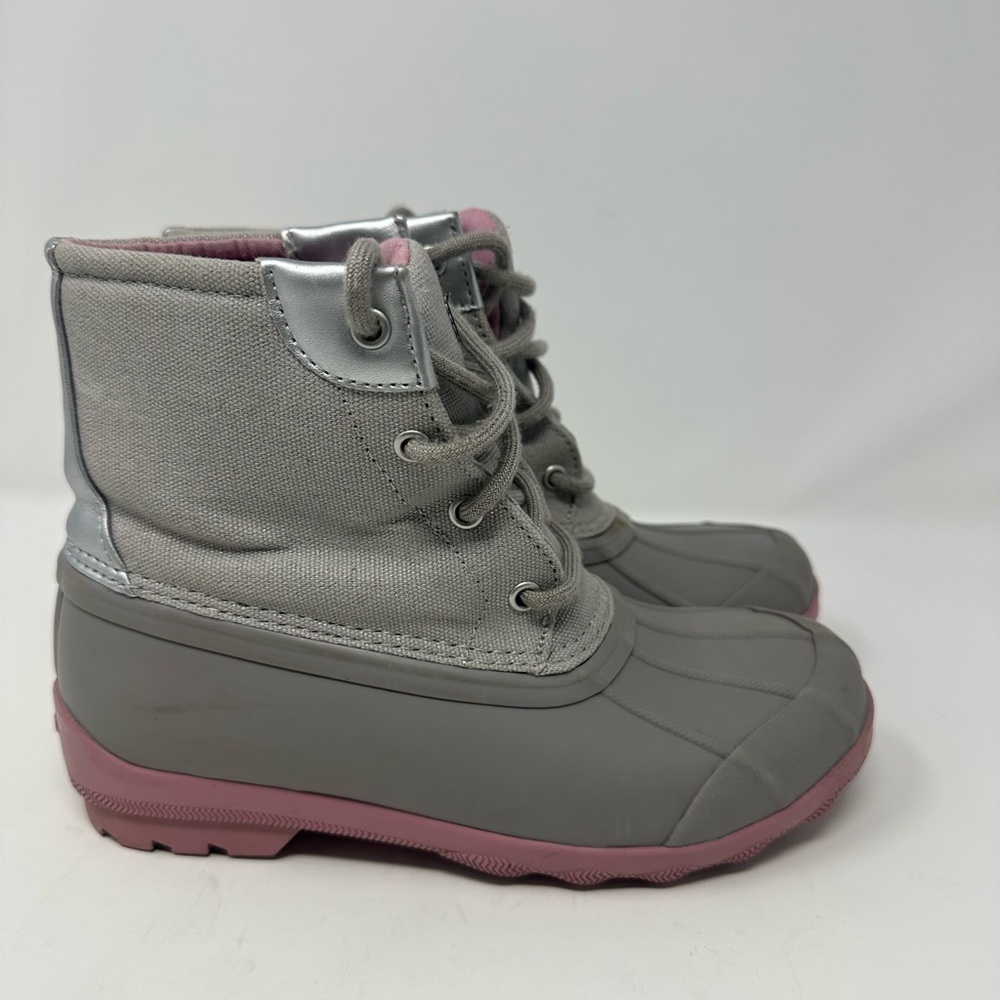 SPERRY Saltwater Duck Boots Gray Pink on Gray Waterproof Rubber Girls sz 2M